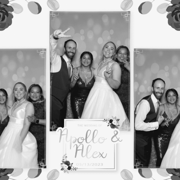 Glam photo booth collage with black-and-white portraits of a bride and wedding guests