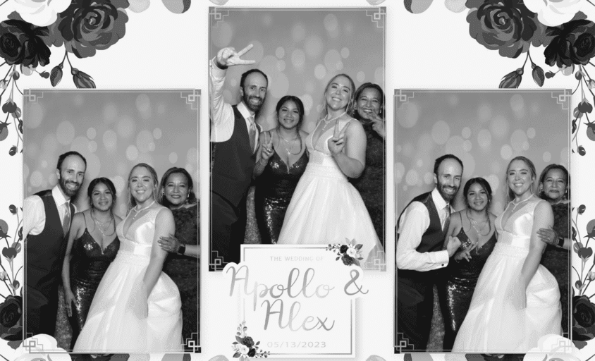 Glam photo booth collage with black-and-white portraits of a bride and wedding guests