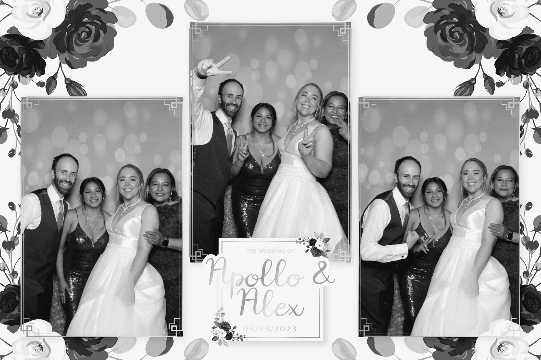 Glam photo booth collage with black-and-white portraits of a bride and wedding guests