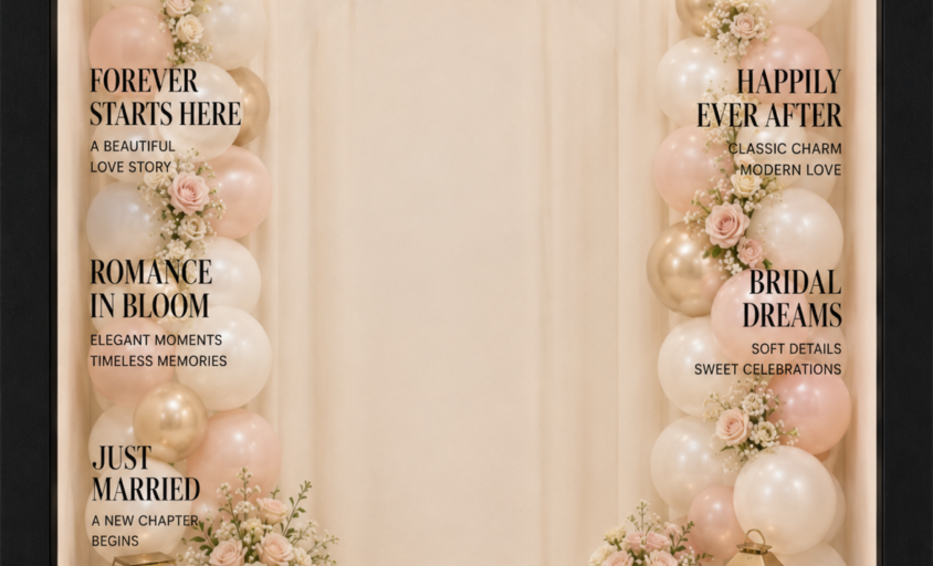 Magazine box rental styling example with Wedding Bliss cover wording, blush balloons, and flowers