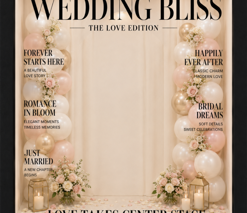 Magazine box rental styling example with Wedding Bliss cover wording, blush balloons, and flowers