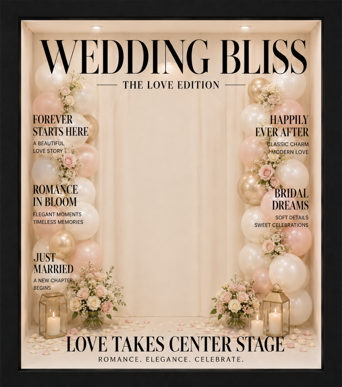 Magazine box rental styling example with Wedding Bliss cover wording, blush balloons, and flowers
