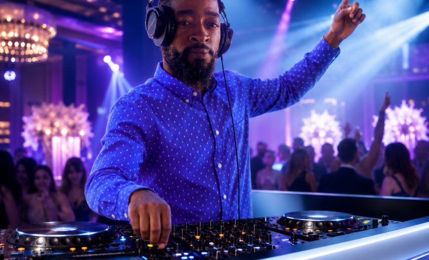 DJ services illustration showing a DJ behind a booth under blue and purple event lighting