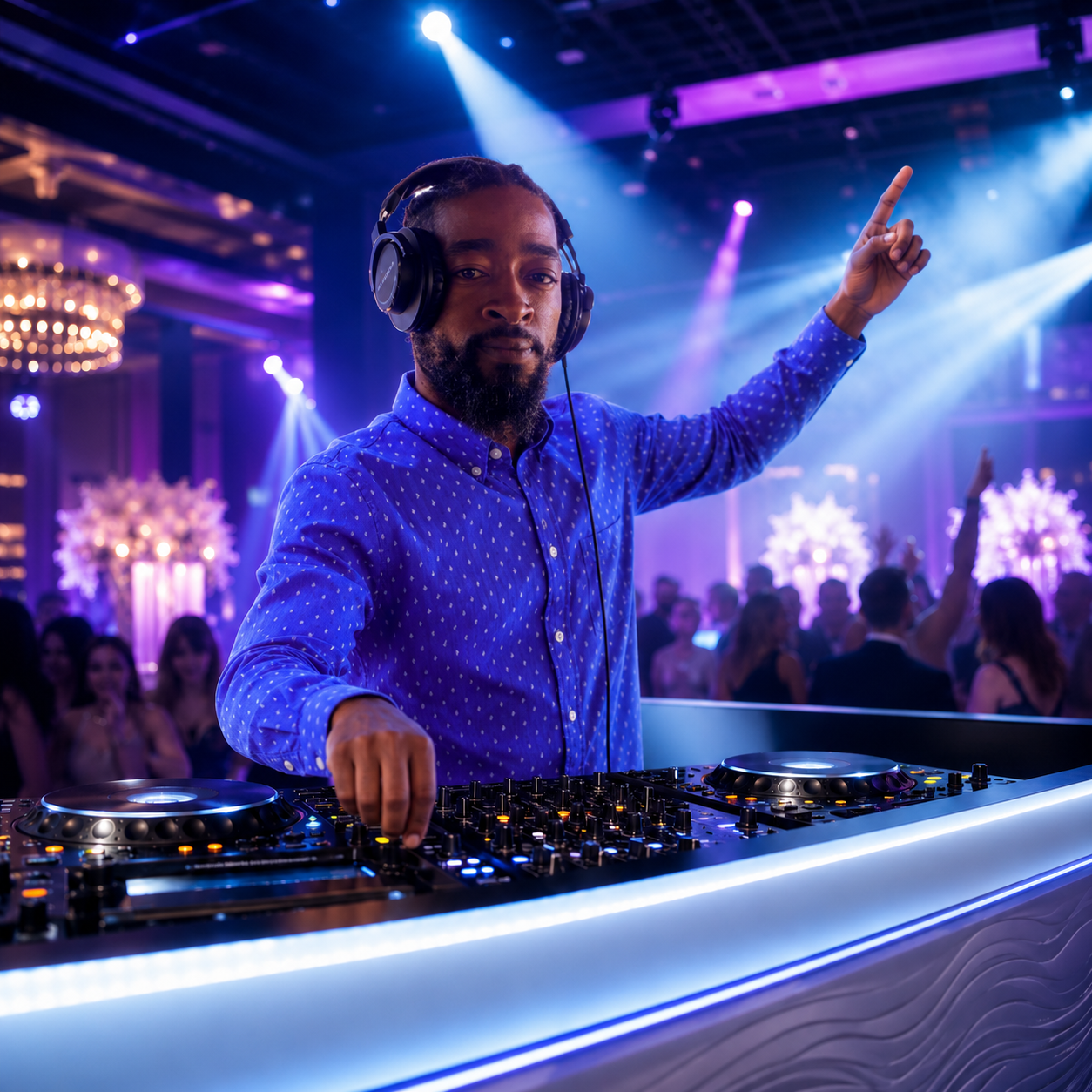 DJ services illustration showing a DJ behind a booth under blue and purple event lighting
