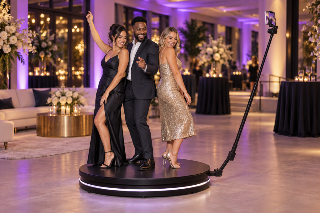AI-generated illustration of guests posing on a 360 photo booth rental platform at a purple-lit celebration
