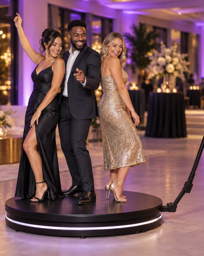 AI-generated illustration of guests posing on a 360 photo booth rental platform at a purple-lit celebration