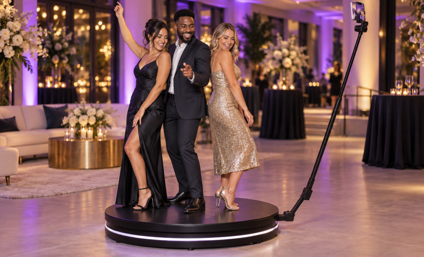 AI-generated illustration of guests posing on a 360 photo booth rental platform at a purple-lit celebration